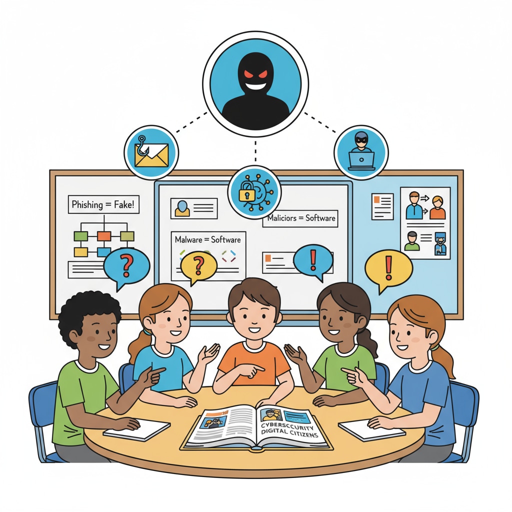 In a classroom setting, students are gathered around a table, having a lively discussion about different cyber threats they might encounter online. K12 students discussing cyber threats to enhance their cybersecurity knowledge as part of CYA Security initiatives