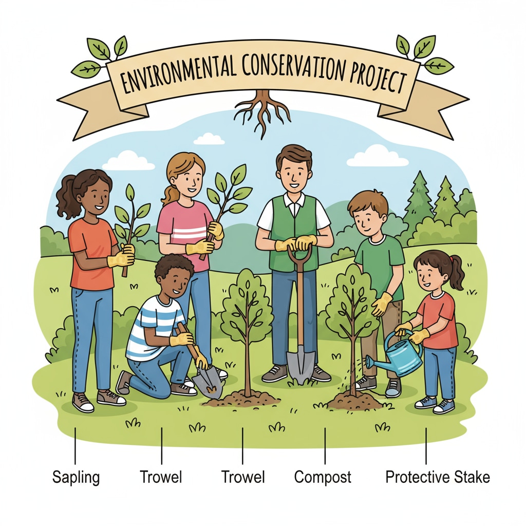 A group of students planting trees as part of an environmental conservation project. K-12 students engaged in environmental conservation activity for social change and protection