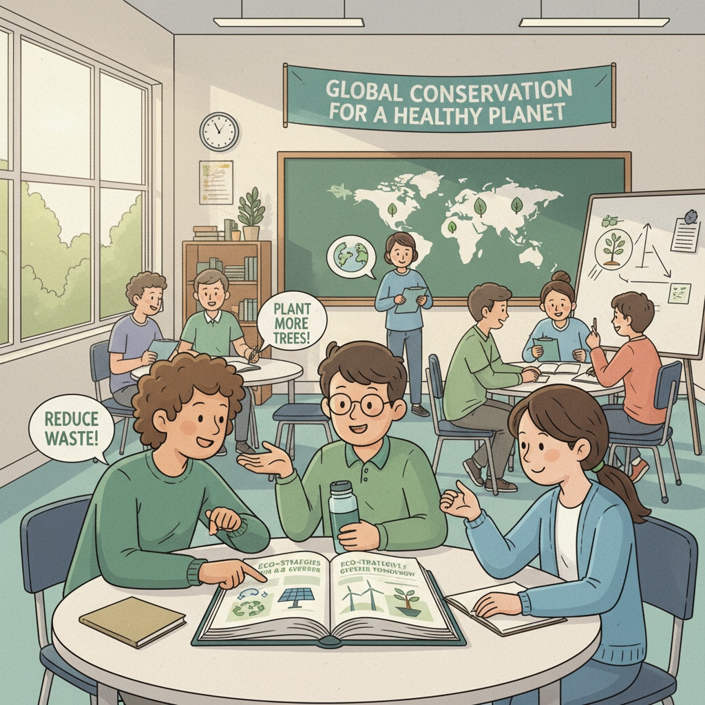 Students in a classroom discussing environmental conservation strategies. K-12 students learning about environmental conservation to drive social change