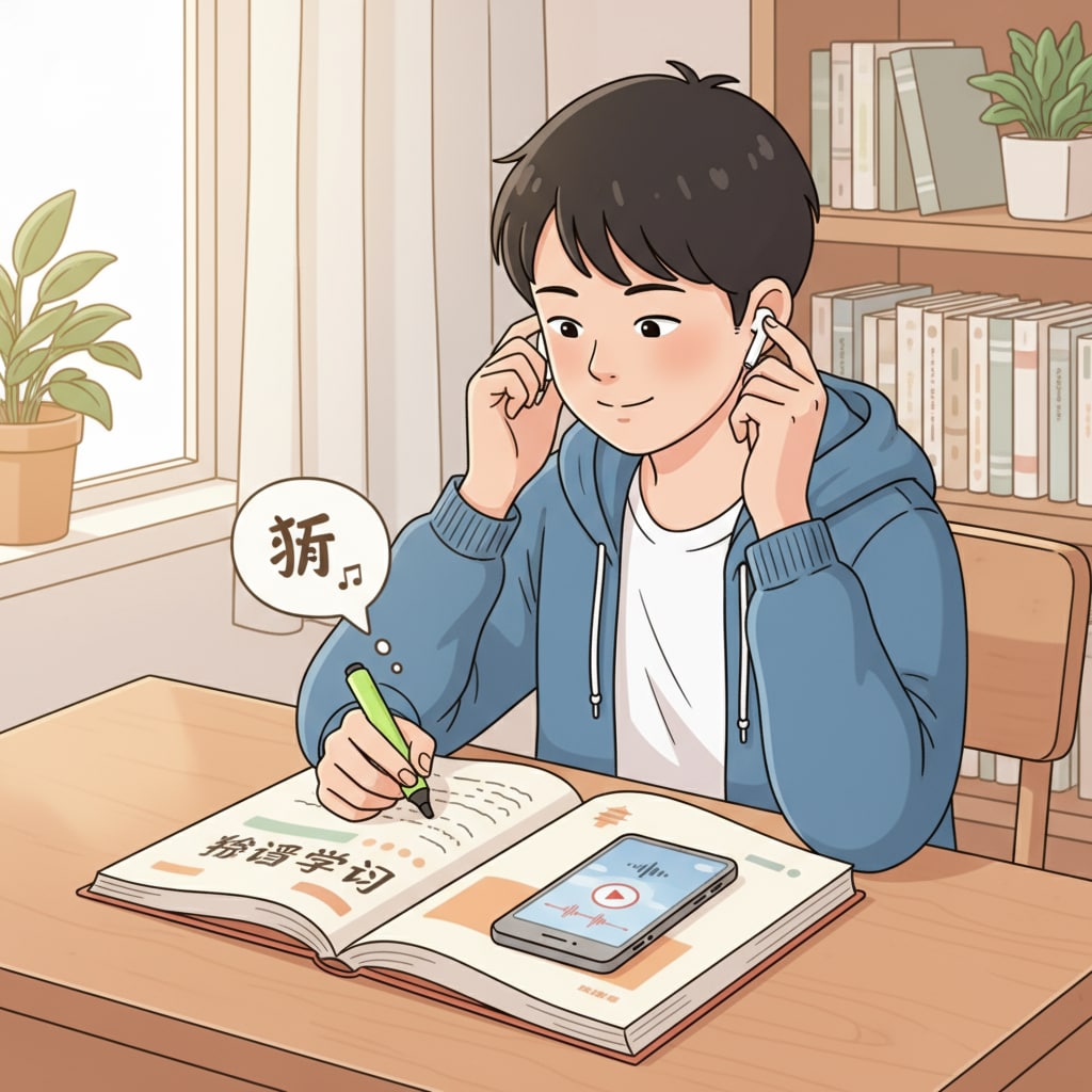 A student sitting at a desk, listening to an audiobook while looking at a Chinese textbook, representing the use of audiobooks in a study setting. A student using an audiobook for Chinese language study in middle school