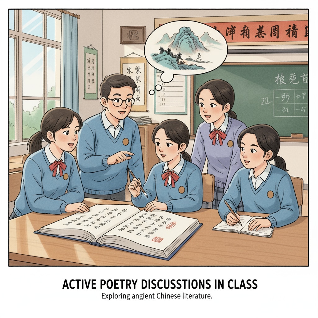 A group of students discussing a Chinese poem during a reading class, highlighting the active engagement in traditional reading. Students actively engaged in traditional reading of Chinese literature in a middle school class