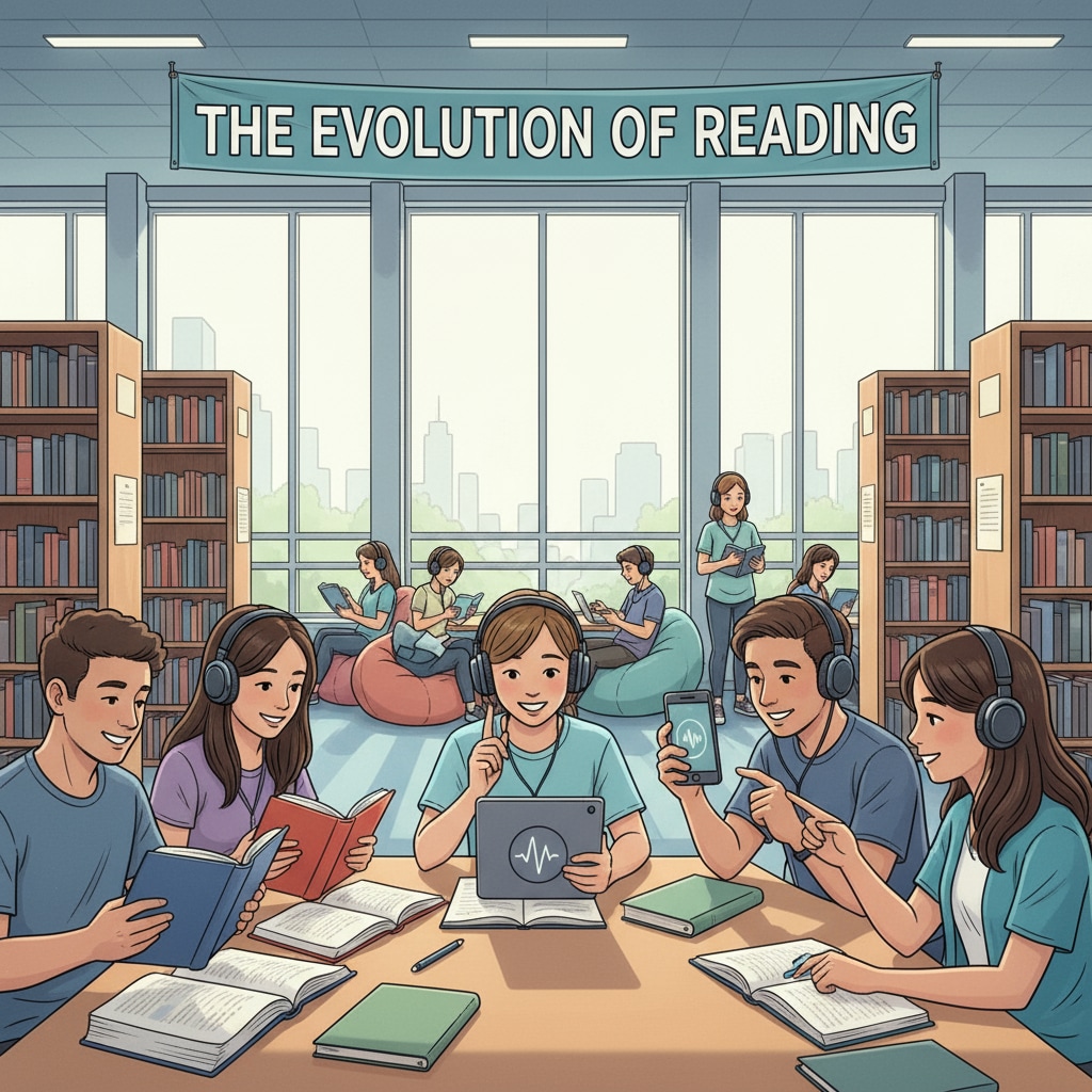 Students in a library, some reading books and some listening to audiobooks on their devices, showing the coexistence of traditional reading and audiobooks. Middle school students accessing different reading resources in a library for Chinese language education