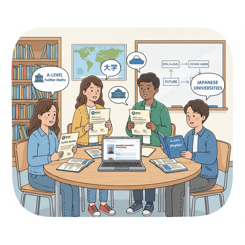 A group of students are sitting around a table, discussing their plans to apply to Japanese universities. Some are holding BTEC certificates, while others are looking at A-level materials. Students discussing Japanese university applications with BTEC and A-level certificates