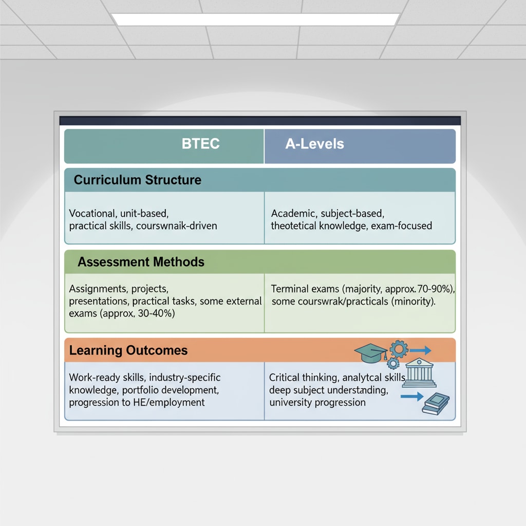 A chart on the wall shows a side-by-side comparison of the curriculum structure, assessment methods, and learning outcomes of BTEC and A-levels. Comparison of BTEC and A-levels for Japanese university applications