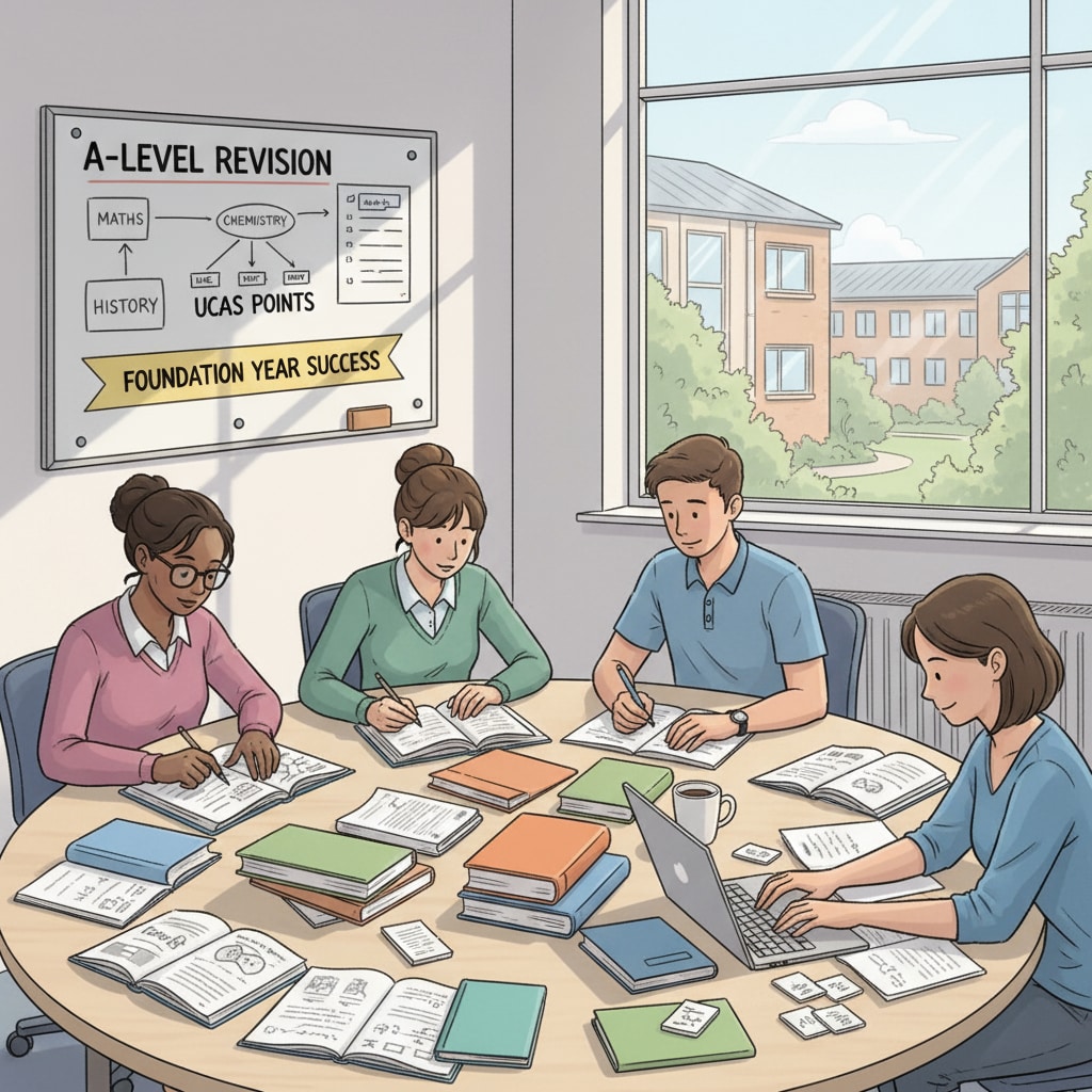 An illustration showing students studying hard to improve their A-Level grades and earn more UCAS points for foundation year courses. Students Studying to Boost UCAS Points After A-Levels for Foundation Year Courses