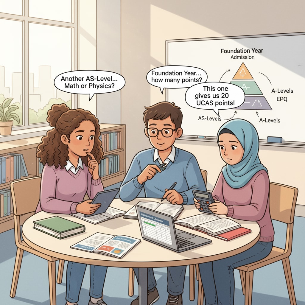 A scene of students engaged in a discussion about which additional AS-Levels to choose to increase their UCAS points for foundation year admissions. Students Discussing Additional AS-Levels for UCAS Points in Foundation Year Courses