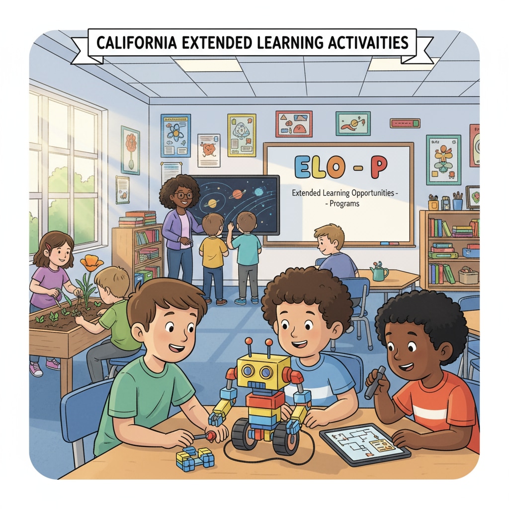 Students are actively participating in various extended learning activities in a classroom, which is part of the ELO-P in California. Students engaged in ELO-P extended learning activities in a California classroom