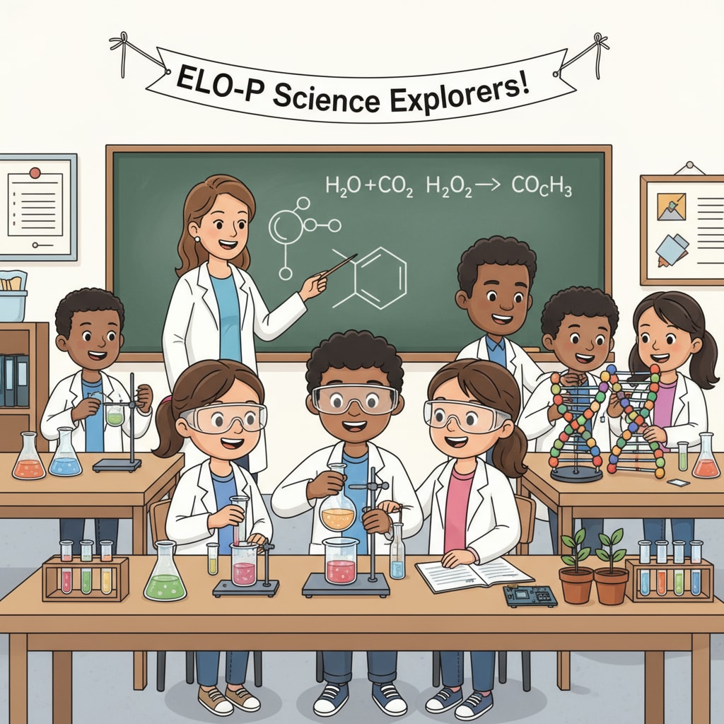 Teachers and students are working together on a science experiment during an ELO-P after-school activity, demonstrating hands-on learning. Teachers and students collaborating during an ELO-P after-school science activity