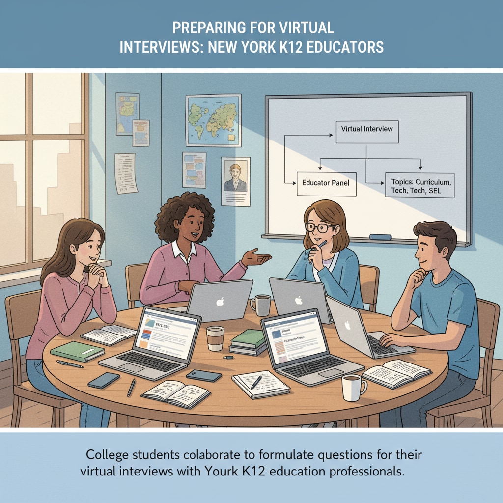A group of college students are sitting around a table, with laptops open, discussing and preparing questions for their virtual interviews with educators in the New York K12 education system. College students preparing for virtual interviews in urban education project