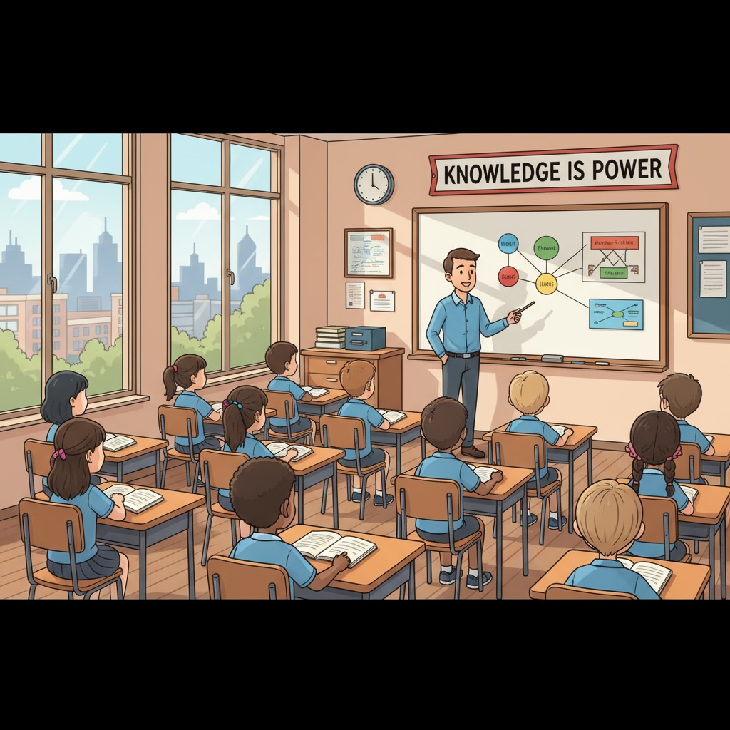 A classroom in an urban school with rows of desks and chairs filled with students of different ethnic backgrounds, listening attentively to the teacher. Classroom in an urban school for K12 education