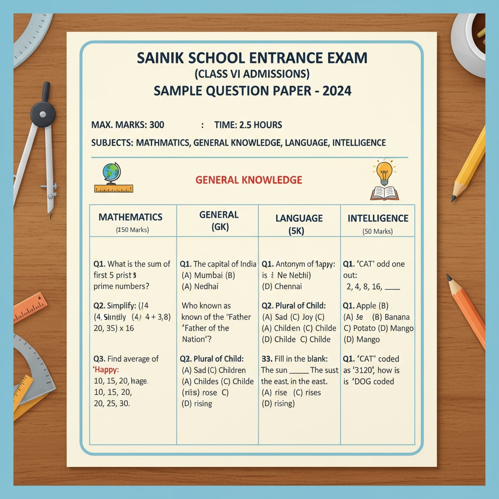 A sample question paper for Sainik school entrance exam, showing the kind of content students may encounter during the exam. Sample question paper for Sainik school entrance exam and application process