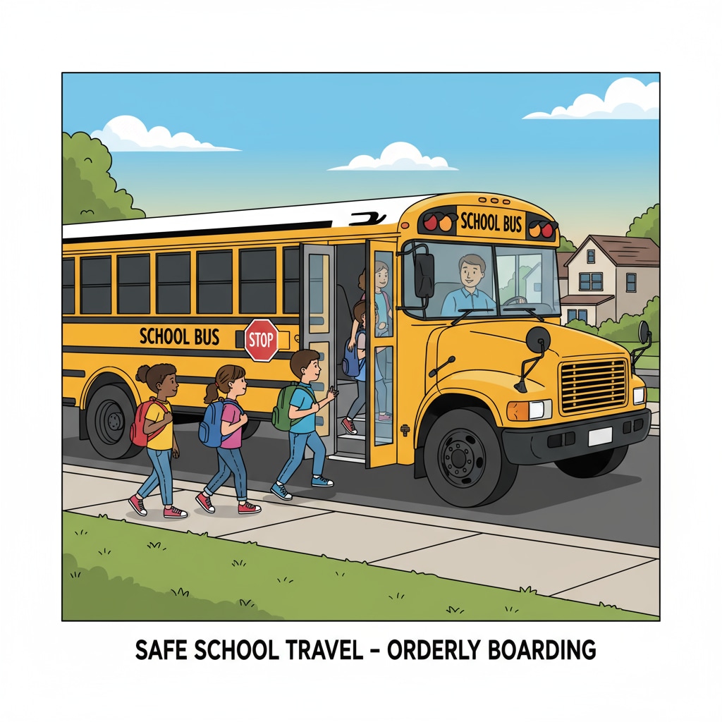 A school bus stopping to pick up students, with students getting on the bus in an orderly manner. School bus picking up students