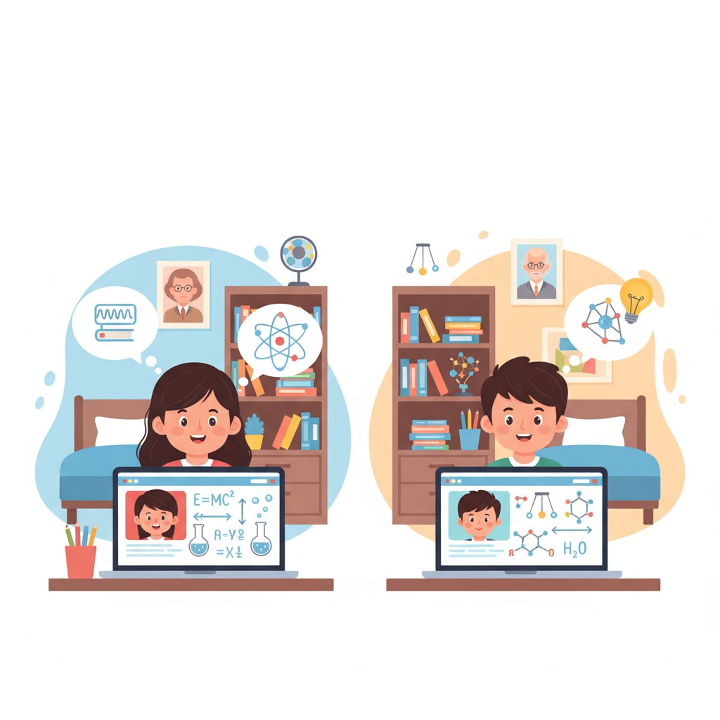 Two students are engaged in a discussion about physics and chemistry concepts during an online learning session. They are looking at their screens, sharing ideas and explanations. High school students discussing physics and chemistry during online learning in the context of the health field