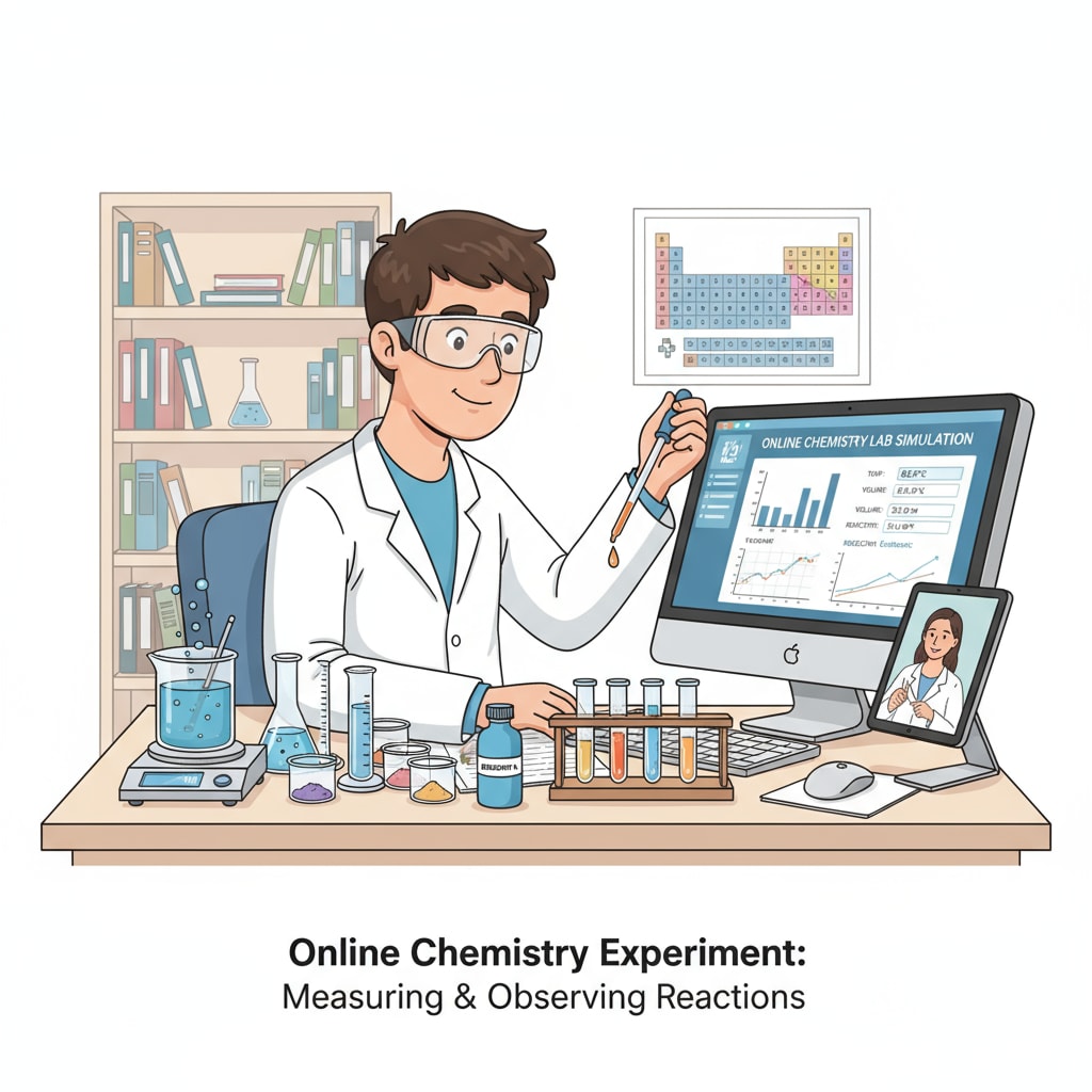 A student is conducting an online chemistry experiment. They are carefully measuring chemicals, observing reactions, and recording data on their computer. Student conducting an online chemistry experiment relevant to the health field