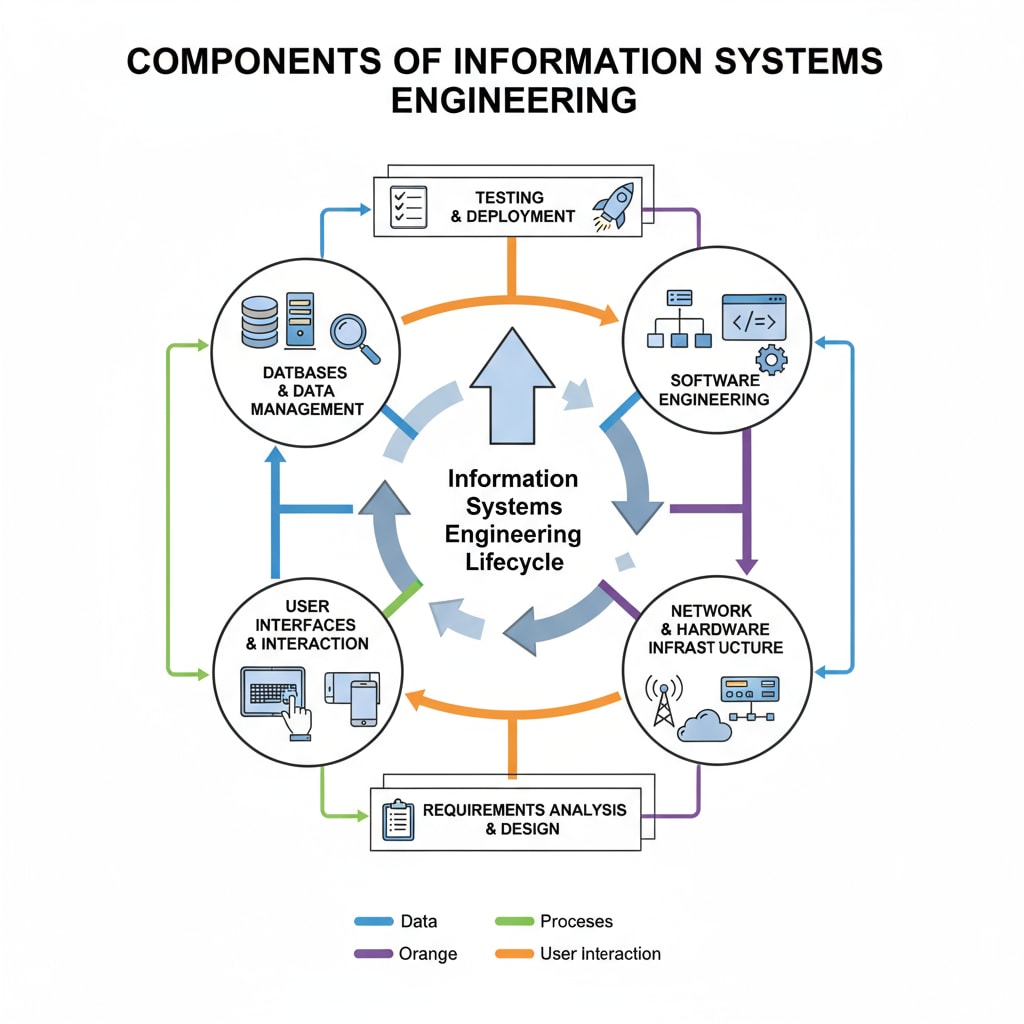 An illustration depicting the various components of Information Systems Engineering, such as databases, software, and user interfaces. Information Systems Engineering components and their relationship to professional selection