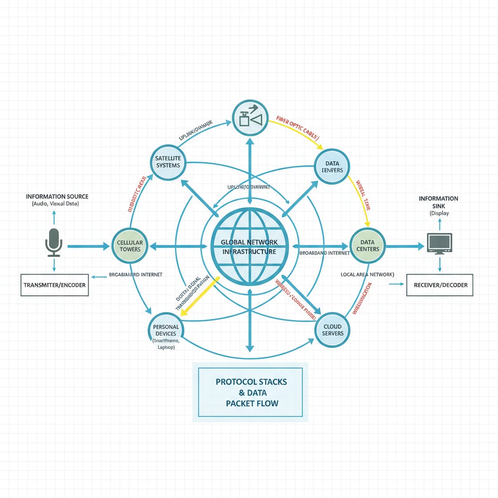 A diagram showing the flow of information in Information and Communication Technology, including network nodes and signal transmission paths. Information and Communication Technology flow and its connection to professional opportunities