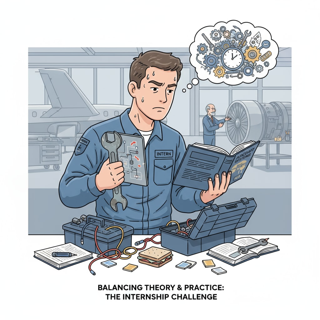 An aircraft maintenance student struggling with internship workload and study-time balance