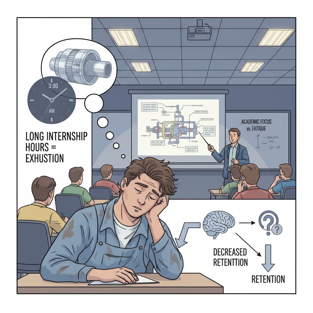 An aircraft maintenance student's tired appearance during a lecture due to internship workload