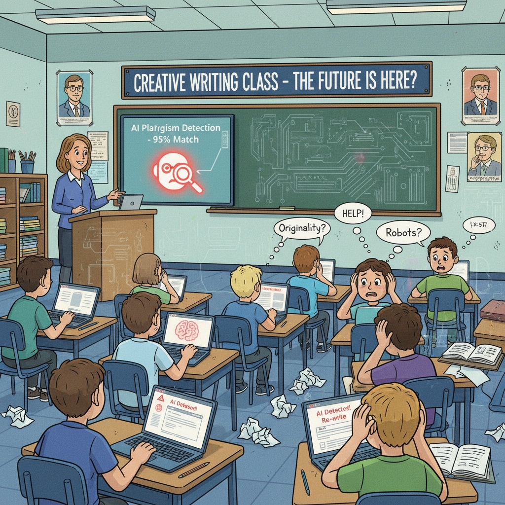 A scene where high school students in a creative writing class are looking worried because of the presence of AI detection tools. High school students worried about AI detection in creative writing class