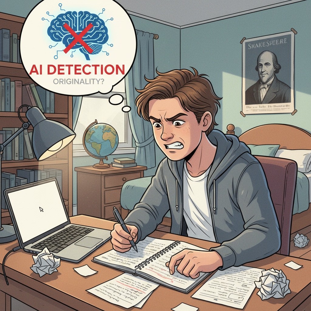 A high school student sitting at a desk, showing a frustrated expression while attempting to write an essay for a creative writing class due to the fear of AI detection. Frustrated high school student in creative writing class due to AI detection