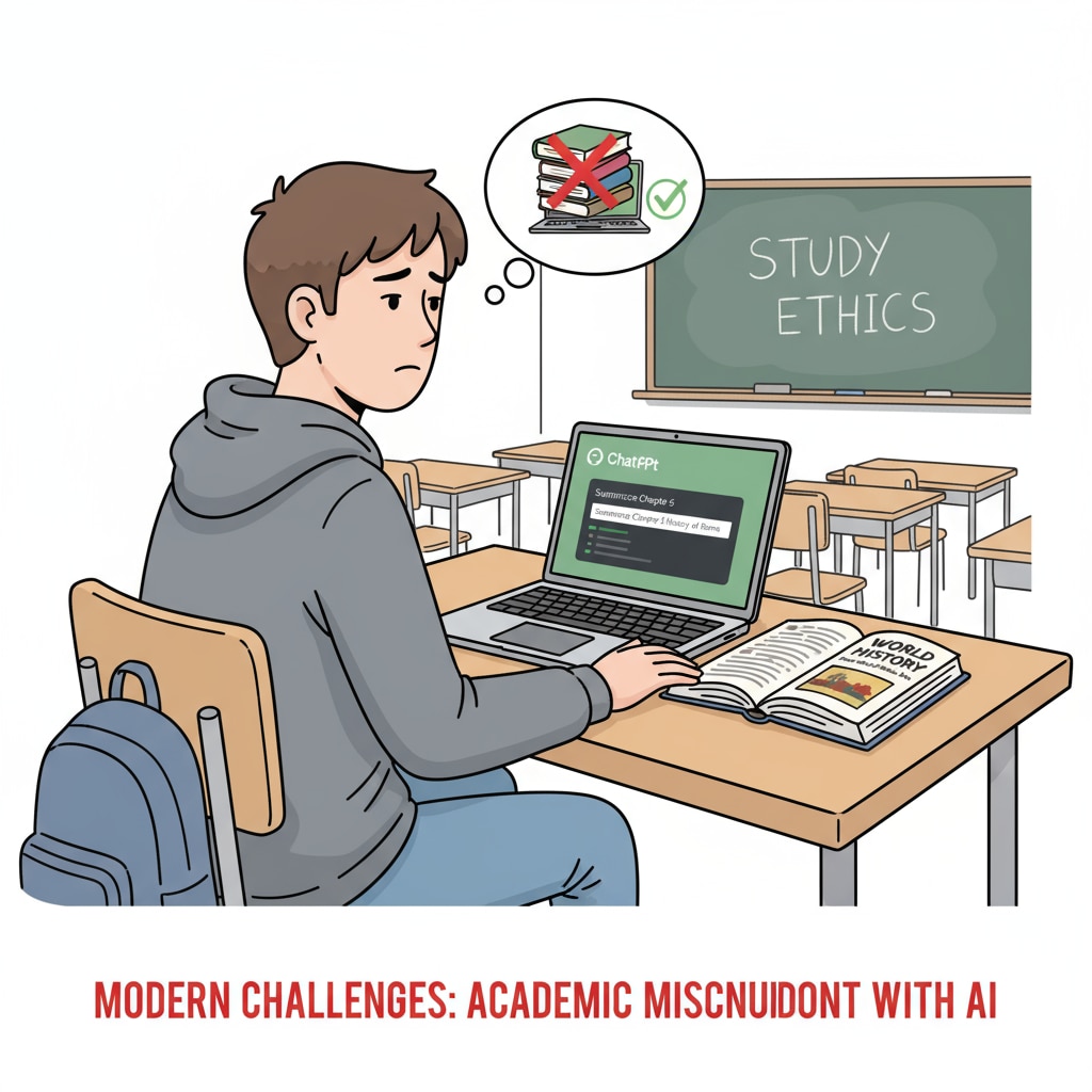 A student is sitting at a desk, looking at the ChatGPT interface on a laptop while a textbook is placed beside. This represents how students might use AI for cheating during study. A student using ChatGPT for potential cheating during study