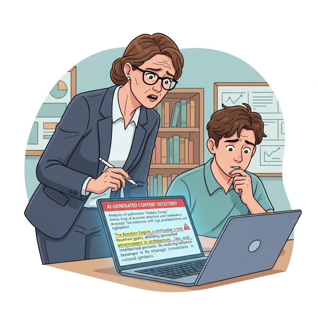 A teacher is carefully examining a student's assignment with a worried expression. The computer screen shows an AI-generated text, highlighting the challenge of detecting AI-assisted cheating. A teacher trying to detect AI-assisted cheating in a student's assignment