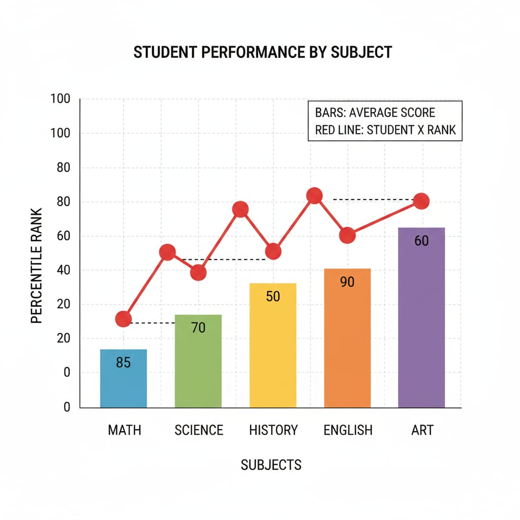 Graph of percentile ranks in various subjects for student performance assessment