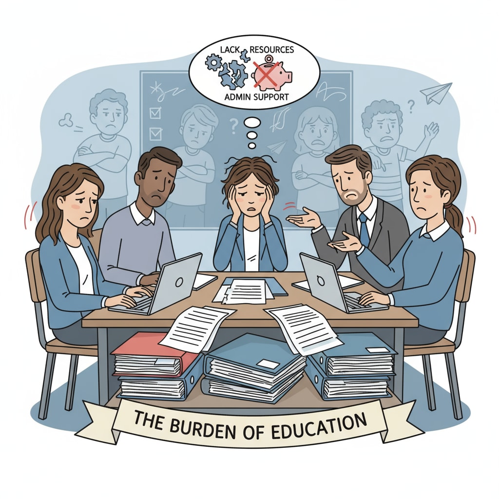 A group of educators looking tired and stressed in a classroom, indicating the impact of problem students and lack of support on their well-being. Educators facing occupational stress due to problem students and lack of support