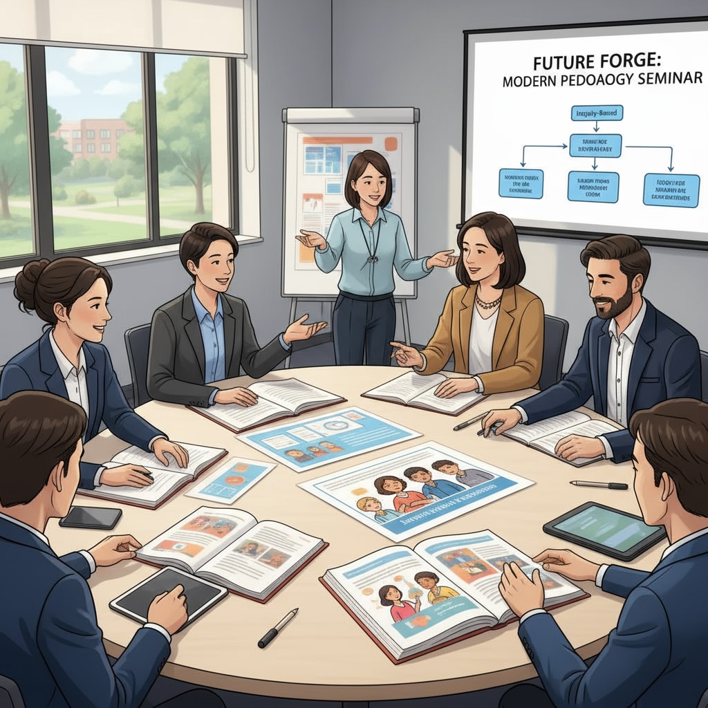 A group of K12 teachers are having a discussion during a seminar, exploring modern teaching methods. K12 teachers discussing modern teaching technologies and graduate courses to enhance teaching effectiveness