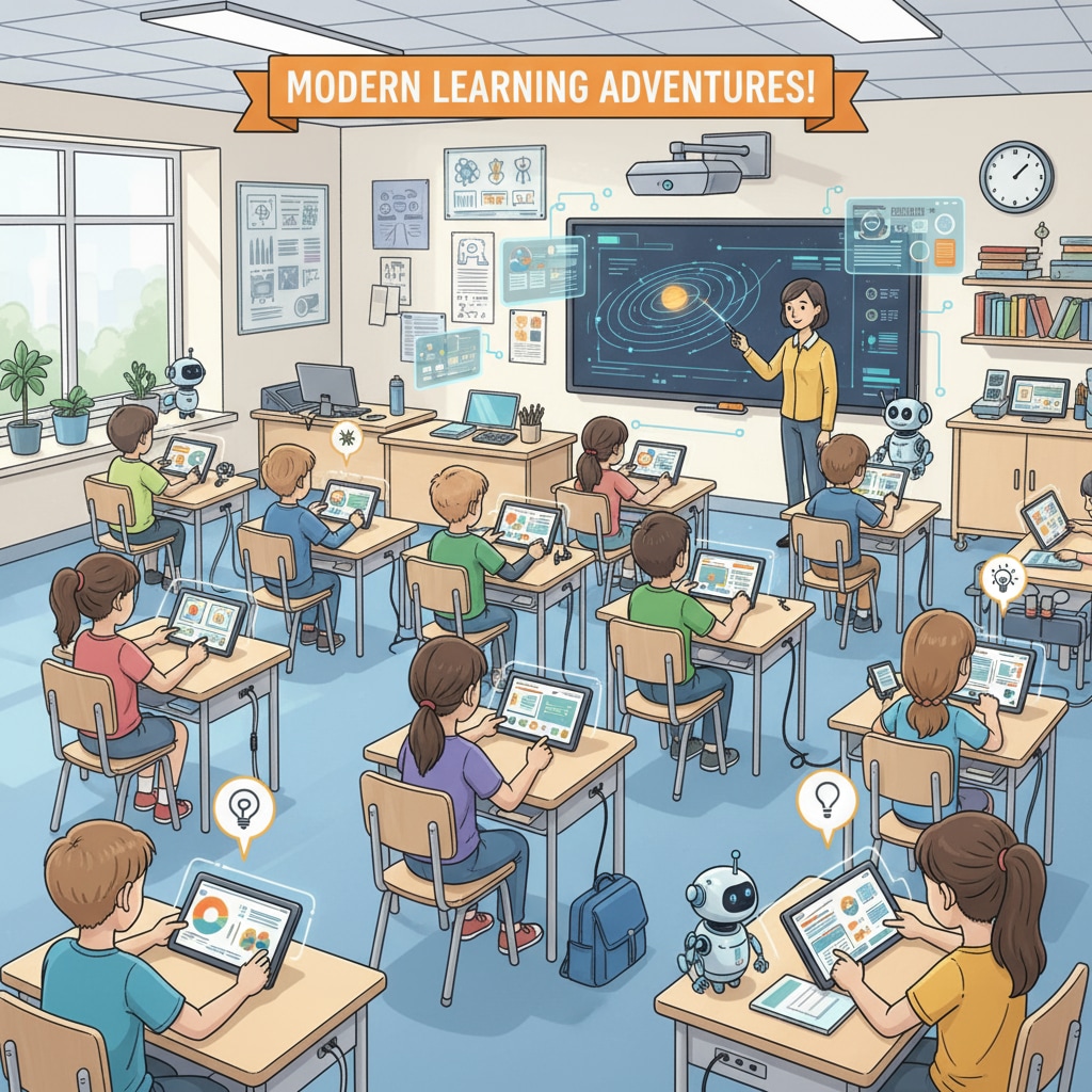 Students in a classroom are actively using tablets to learn with the help of modern teaching technologies. Students leveraging modern teaching technologies in a classroom setting related to teaching effectiveness and graduate courses