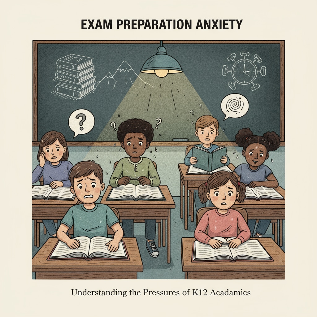 A group of K12 students sitting at desks, looking worried as they study textbooks. K12 students experiencing self-doubt while studying