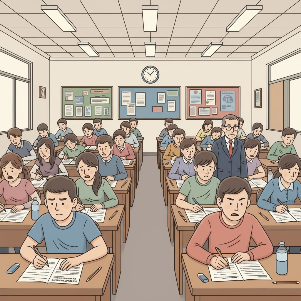 Students in an exam hall, some with furrowed brows and worried expressions as they write on their exam papers. K12 students under pressure during an exam due to self-doubt about learning abilities