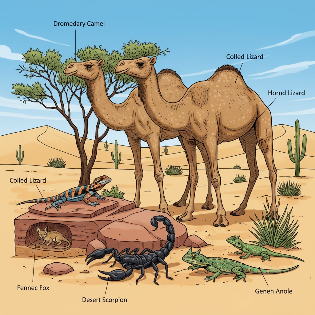 A group of desert animals like camels, scorpions, and lizards in their natural desert habitat Desert animals showing their evolutionary adaptations and survival mechanisms in their natural habitat