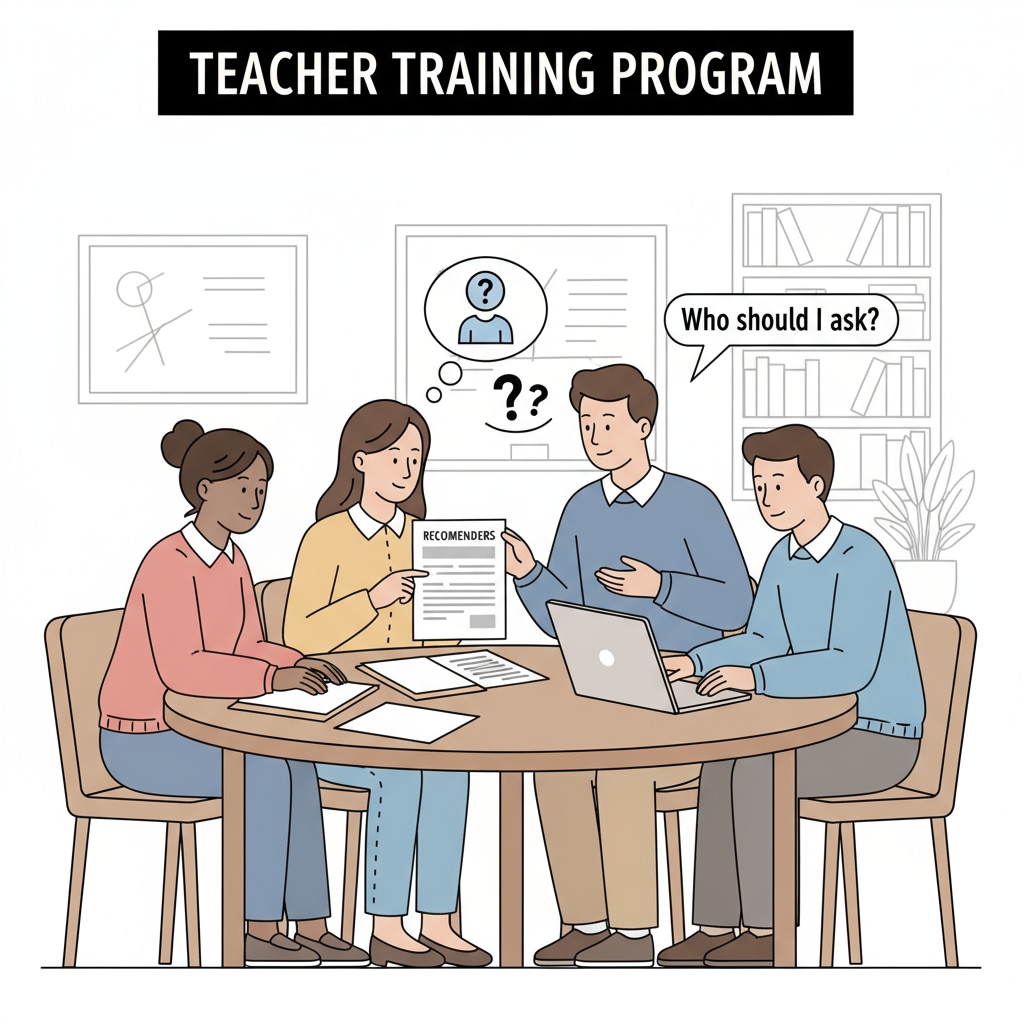 A group of teaching assistants are gathered around a table, looking at documents related to their teacher training program applications. They seem to be in a discussion about choosing recommenders. Teaching assistants discussing recommenders for teacher training program applications