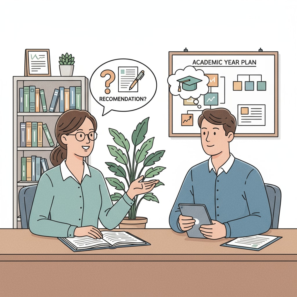 An administrative supervisor and a teaching assistant are sitting across from each other in an office. They are having a conversation, perhaps about the teaching assistant's performance and the possibility of the supervisor writing a recommendation letter. Administrative supervisor and teaching assistant discussing a potential recommendation letter for a teacher training program