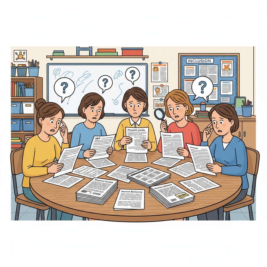 A group of special education teaching assistants are sitting around a table, looking confused as they read through IEP documents. Special education teaching assistants facing reading comprehension difficulties with IEP documents