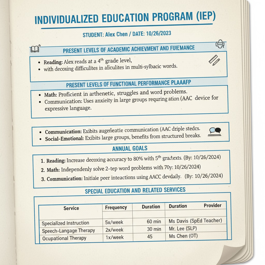 A close-up shot of an IEP document page, showing密密麻麻的 text and various educational terms. Close-up of an IEP document with complex text related to special education and reading comprehension difficulties