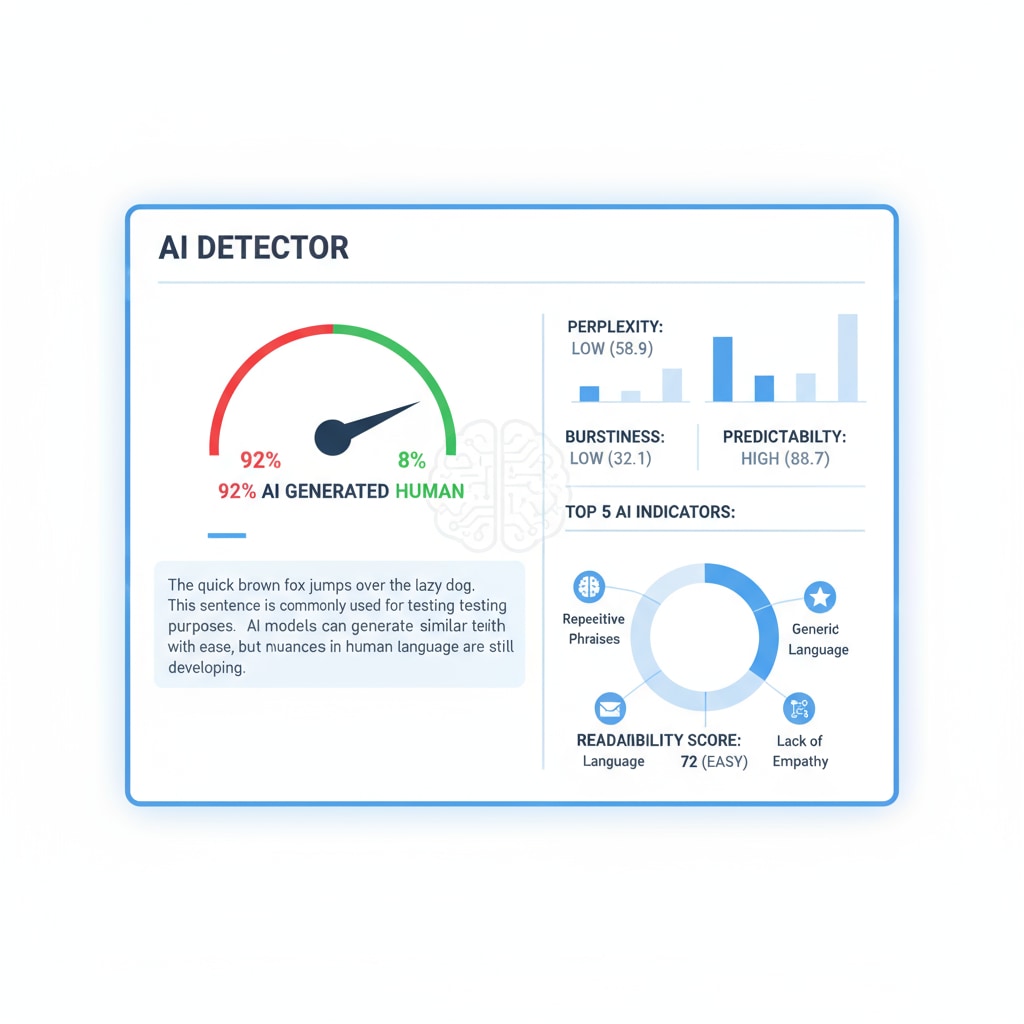 A close-up view of an AI detector's interface, showing text analysis metrics Close-up of an AI detector's interface related to AI detectors, manual input, and rewriting tools