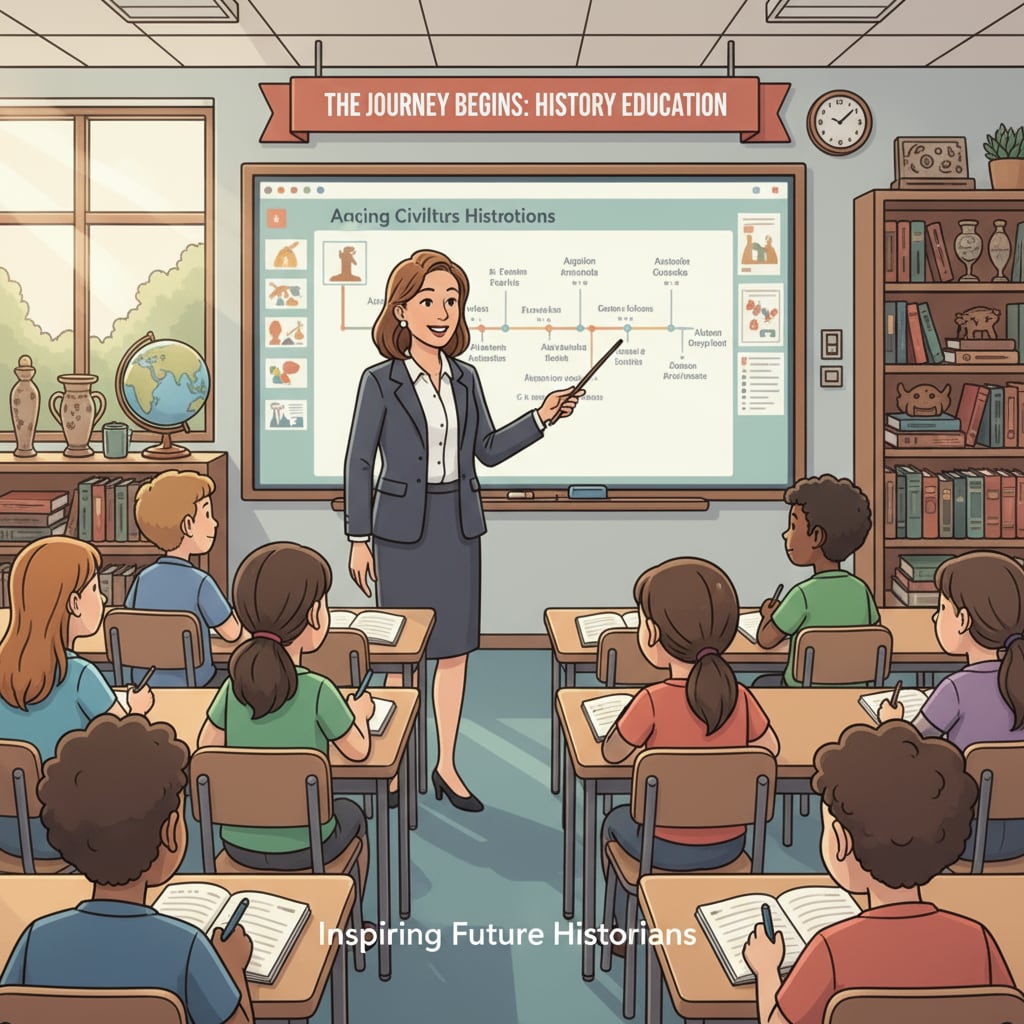 Students listening to a history teacher in a classroom for teaching profession, history education, university application