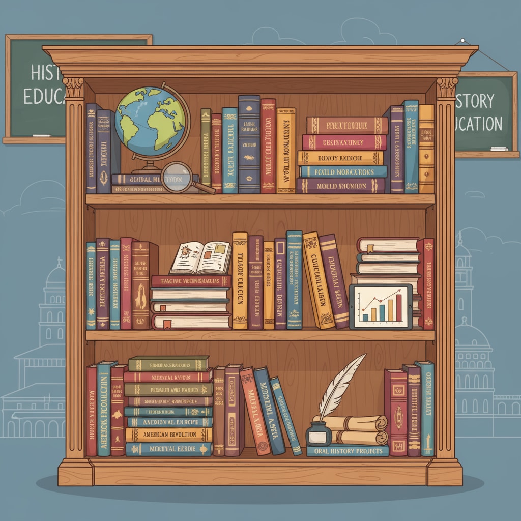 A bookshelf of history and education books for teaching profession, history education, university application