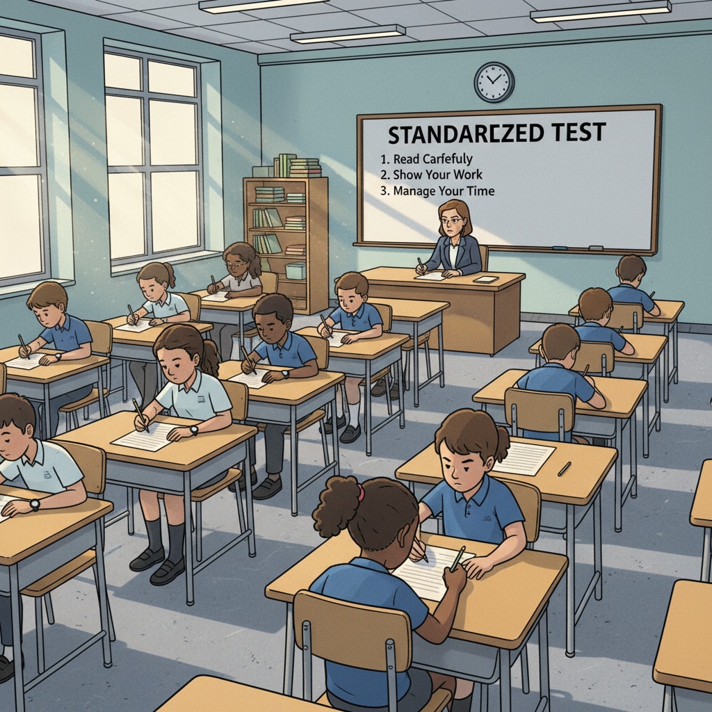 A classroom scene where students are taking a standardized test, with desks neatly arranged and students concentrating on their papers. Students taking a standardized test as part of the