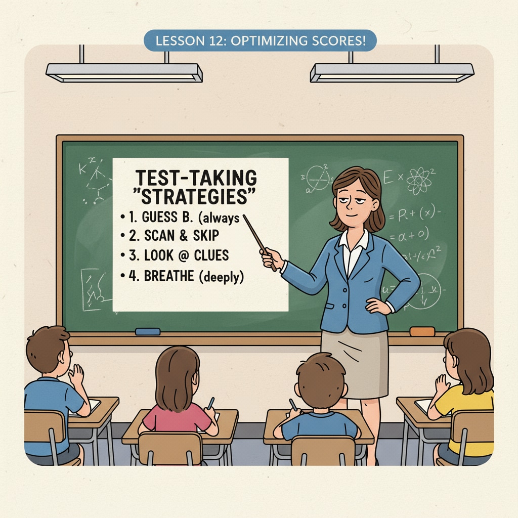A teacher is standing in front of a blackboard, explaining test-taking strategies to students, with a lack of enthusiasm in teaching in-depth knowledge. A teacher focusing on test-taking strategies due to the influence of education funding tied to test scores in the