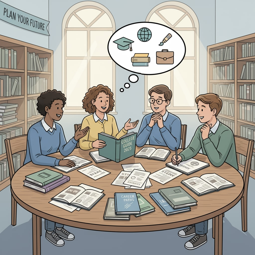 A group of high school students are sitting around a table, discussing their future plans, with books and papers scattered around. High school students discussing university education, academic planning, and career development
