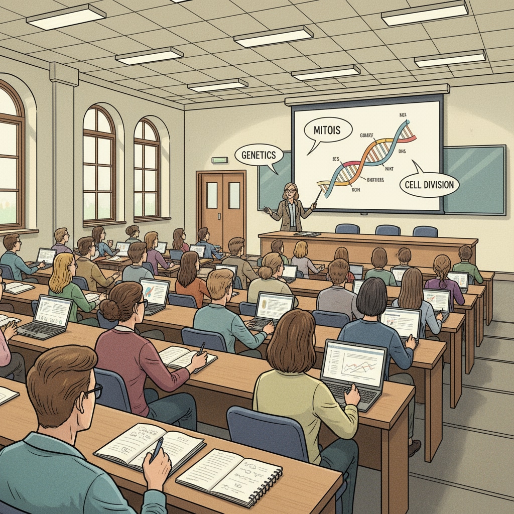 Students are sitting in a large university lecture hall, listening intently to the professor, with notebooks and laptops open. Students in a university setting related to university education, academic planning, and career development