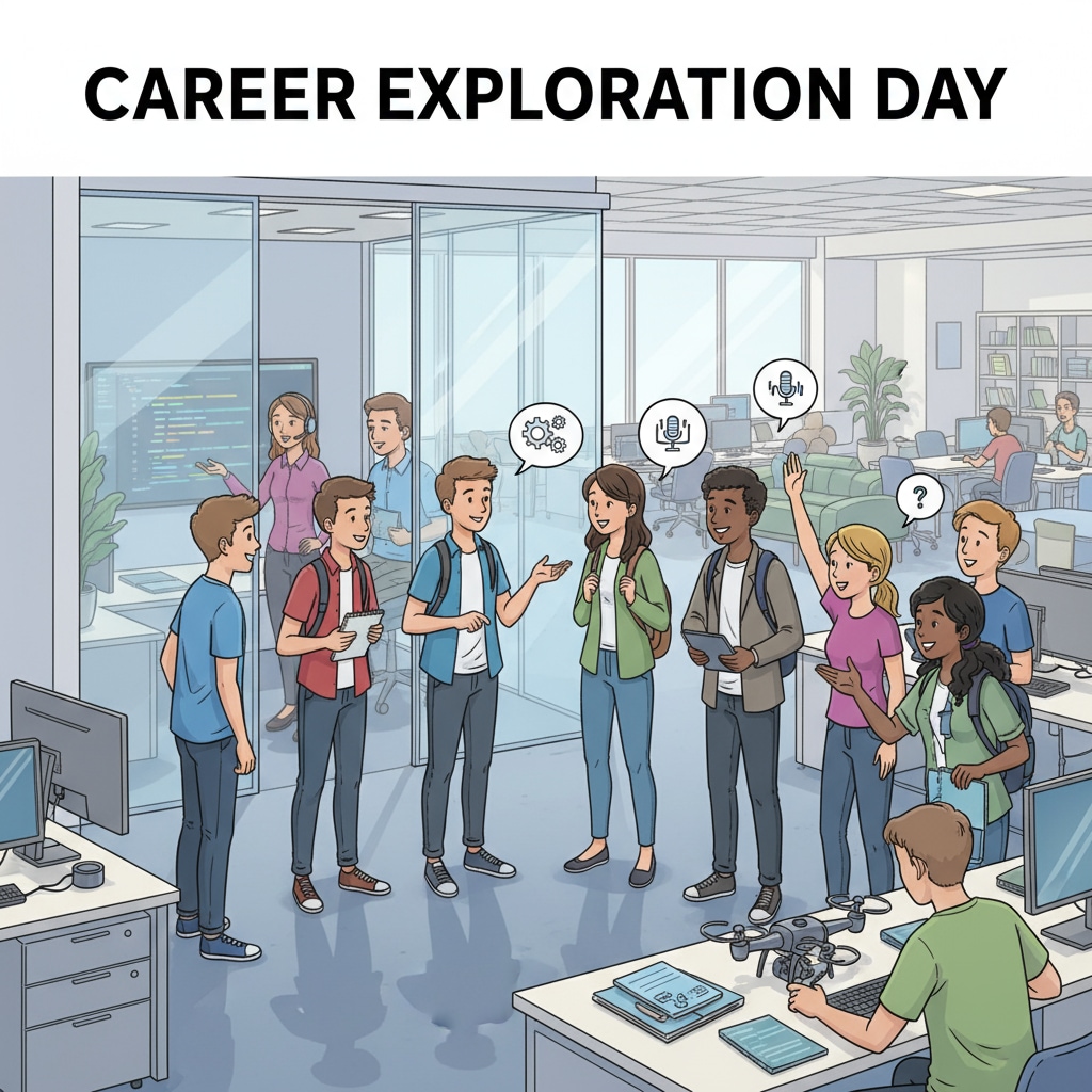 High school students are visiting a workplace, observing employees at work, and asking questions, showing curiosity about different careers. High school students exploring career development related to university education and academic planning