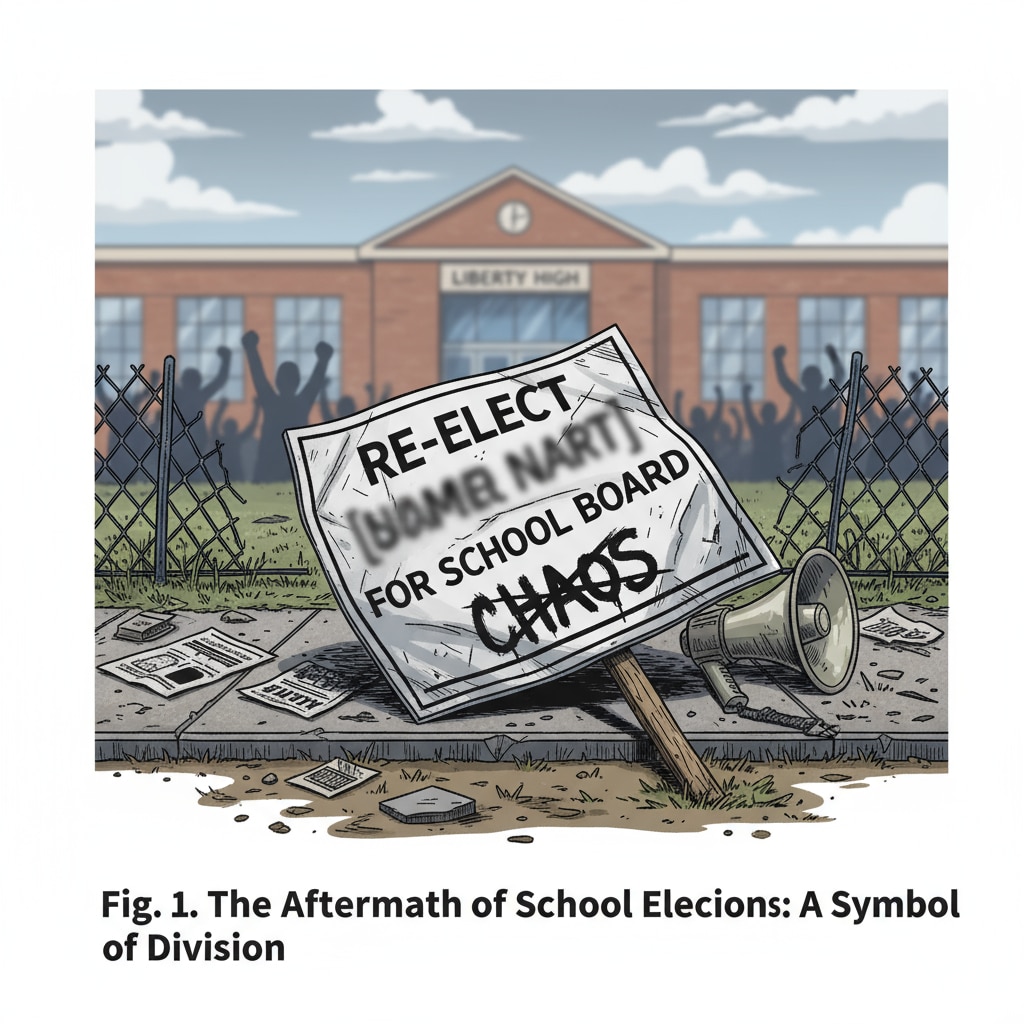 A campaign sign that has been run over, showing signs of damage. This represents the kind of uncivil behavior that has occurred in school board elections. A damaged school board campaign sign highlighting the issue of campaign conflicts and lack of political civility.