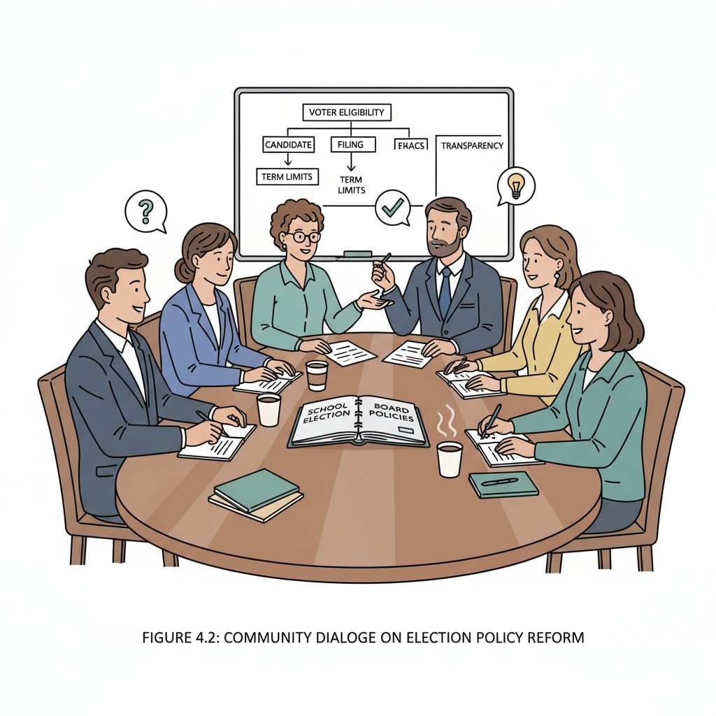 A group of people sitting around a table, having a calm and respectful discussion about policies related to school board elections. People engaged in a civil discussion about school board policies, emphasizing the importance of political civility.