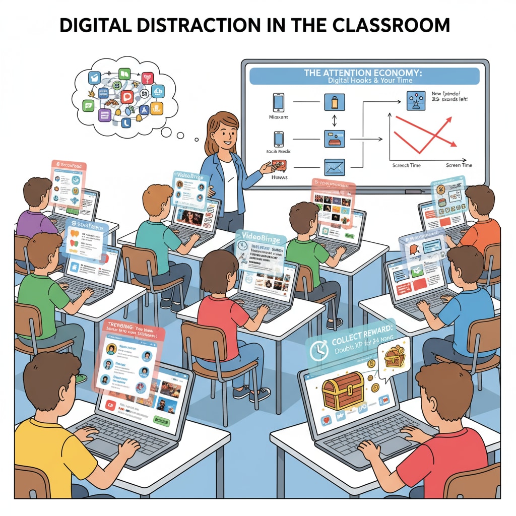 Students using digital devices in a classroom, with various apps and notifications visible on the screens, representing the influence of the attention economy Students in a classroom affected by the attention economy