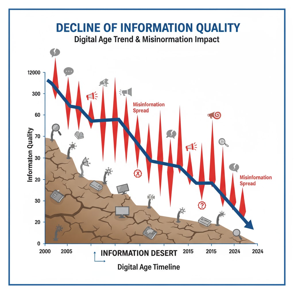 A graph showing the decreasing trend of information quality in the digital age, with spikes representing the spread of misinformation, highlighting the formation of the information desert Graph depicting the information desert in the digital age