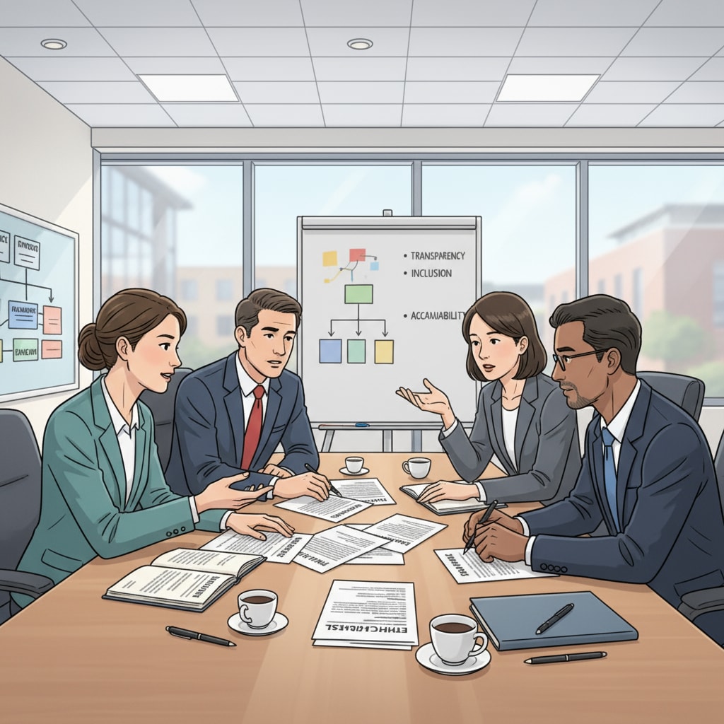 A group of educational managers are engaged in a serious discussion in a meeting room, with papers and pens on the table, suggesting they are dealing with important issues such as ethical dilemmas and making decisions. Educational managers facing ethical dilemmas and making leadership decisions in a meeting